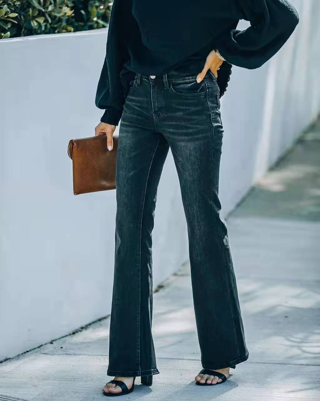 Women's Dark Denim Jeans High Waist Stretch Flare Trousers