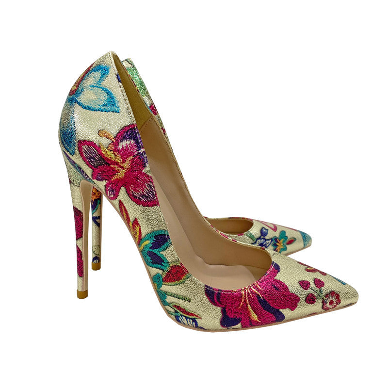 Women's Gold Pink Floral Pointed Toe Stiletto High Heel Shoes