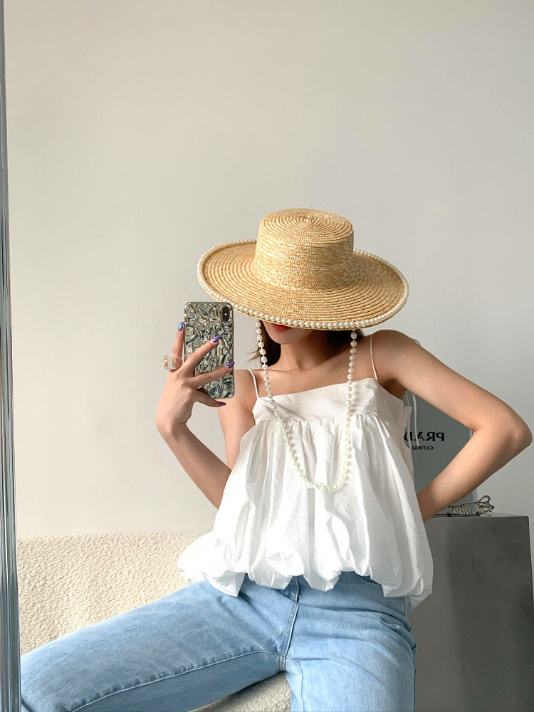 Women's Straw Hat With Pearl Chain Detail Flat Top Big Brim