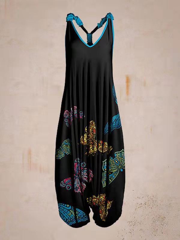 Women's Hippie Style Print Loose Wide Leg Sleeveless Racer Back Jumpsuit
