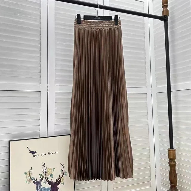 Women's Solid Colour Pleated Elastic Waist Maxi Skirt