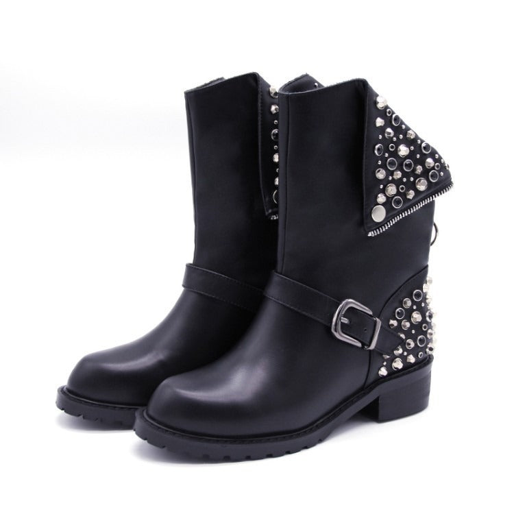 Women's Faux Leather Stud Rivet Detail Punk Calf Boots