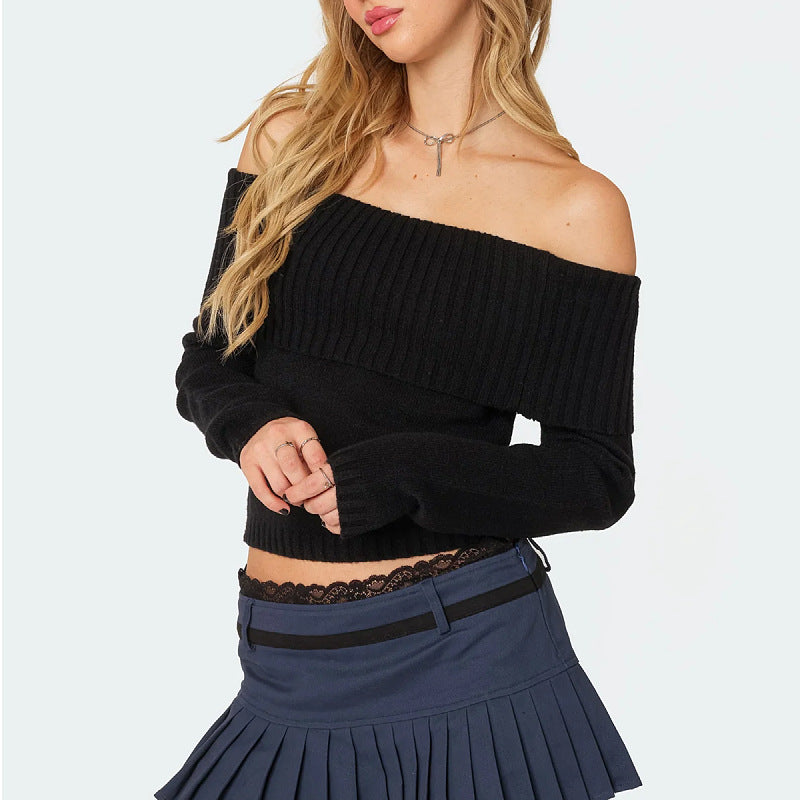 Women's Solid Colour Bardot Off Shoulder Long Sleeve Knit Jumper