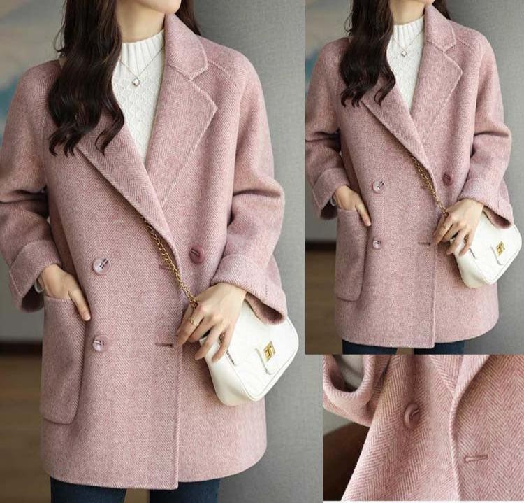 Women's Herringbone Wool Coat Double Breasted Loose Fit With Pockets