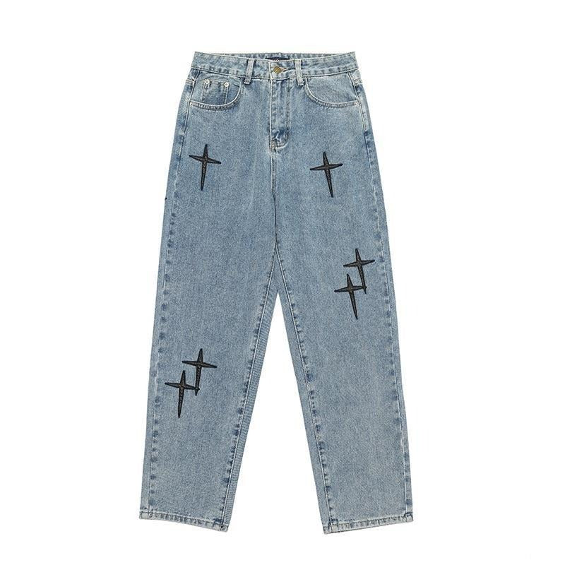 Men's Cross Patch Embroidered Denim Jeans Loose Fit Straight Leg Trousers