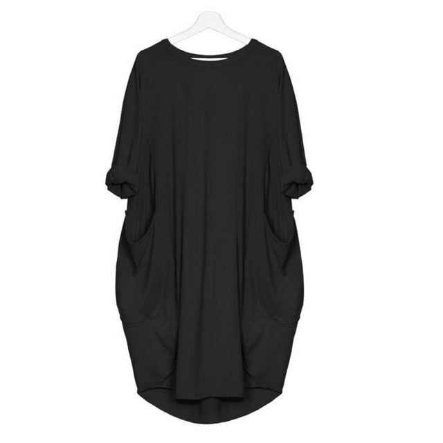Women's Loose Fitting Dress Round Neck Knee Length with Pockets