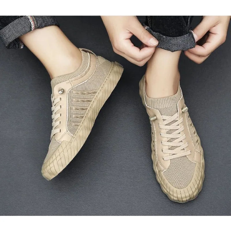 Men's Canvas Knitted Trainers Shoes Lace Up Breathable Leisure Footwear