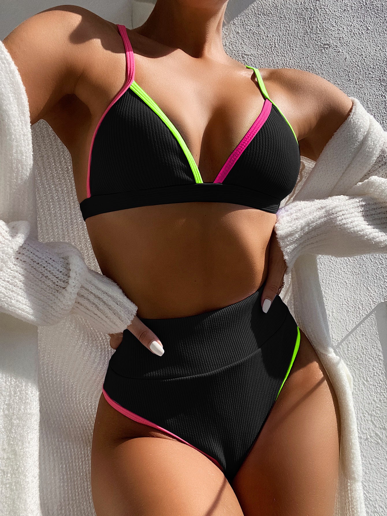 Women's Ribbed Contrast Trim Bikini High Waisted Two Piece Swimsuit