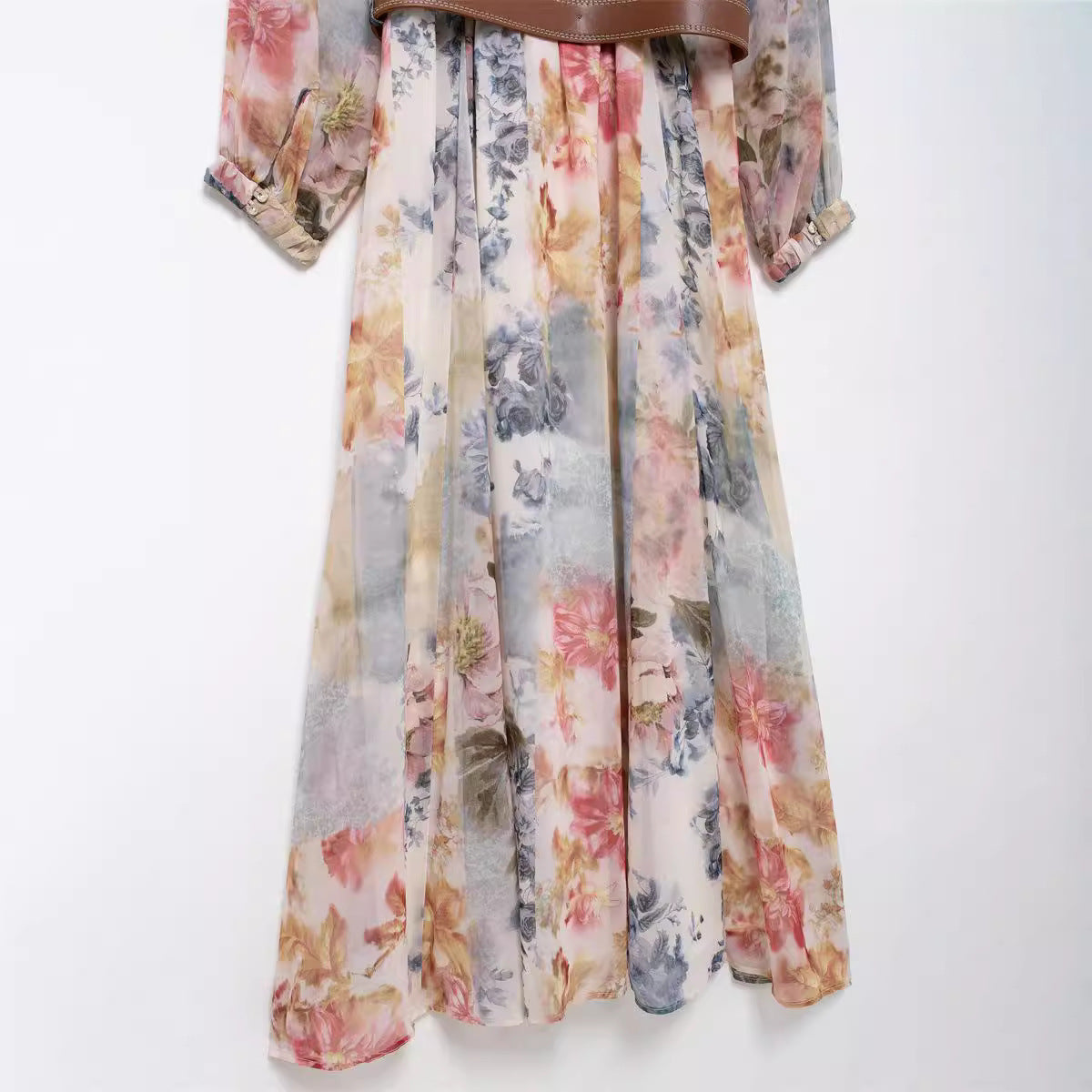 Women's Retro Floral Print V-neck Long Sleeve Fitted Waist Dress