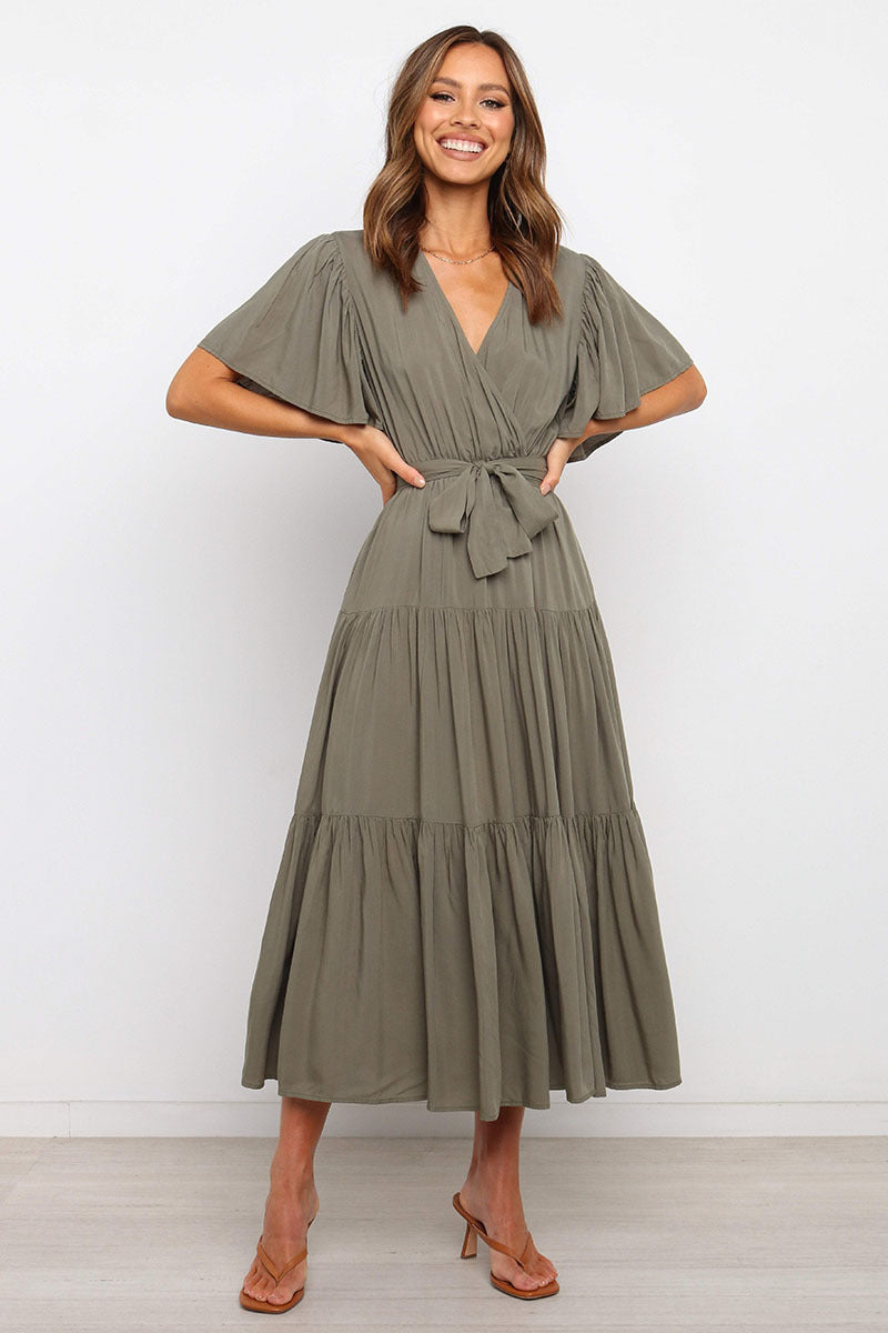 Women's Bohemian Solid Colour V-neck Tie Belt Waist Batwing Short Sleeve Dress
