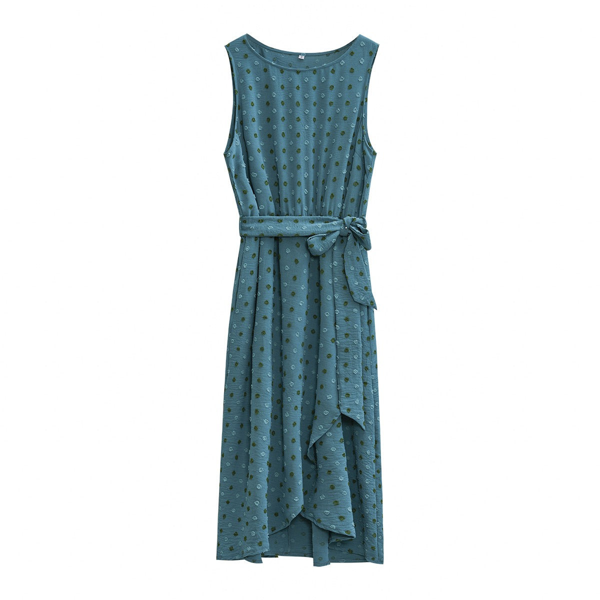 Women's Jacquard Textured Spot Dress Sleeveless Round Neck Top Tie Waist Long Wrap Skirt
