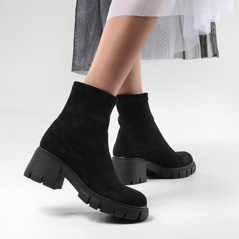 Women's Faux Suede Chunky Sole Pull On Ankle Boots