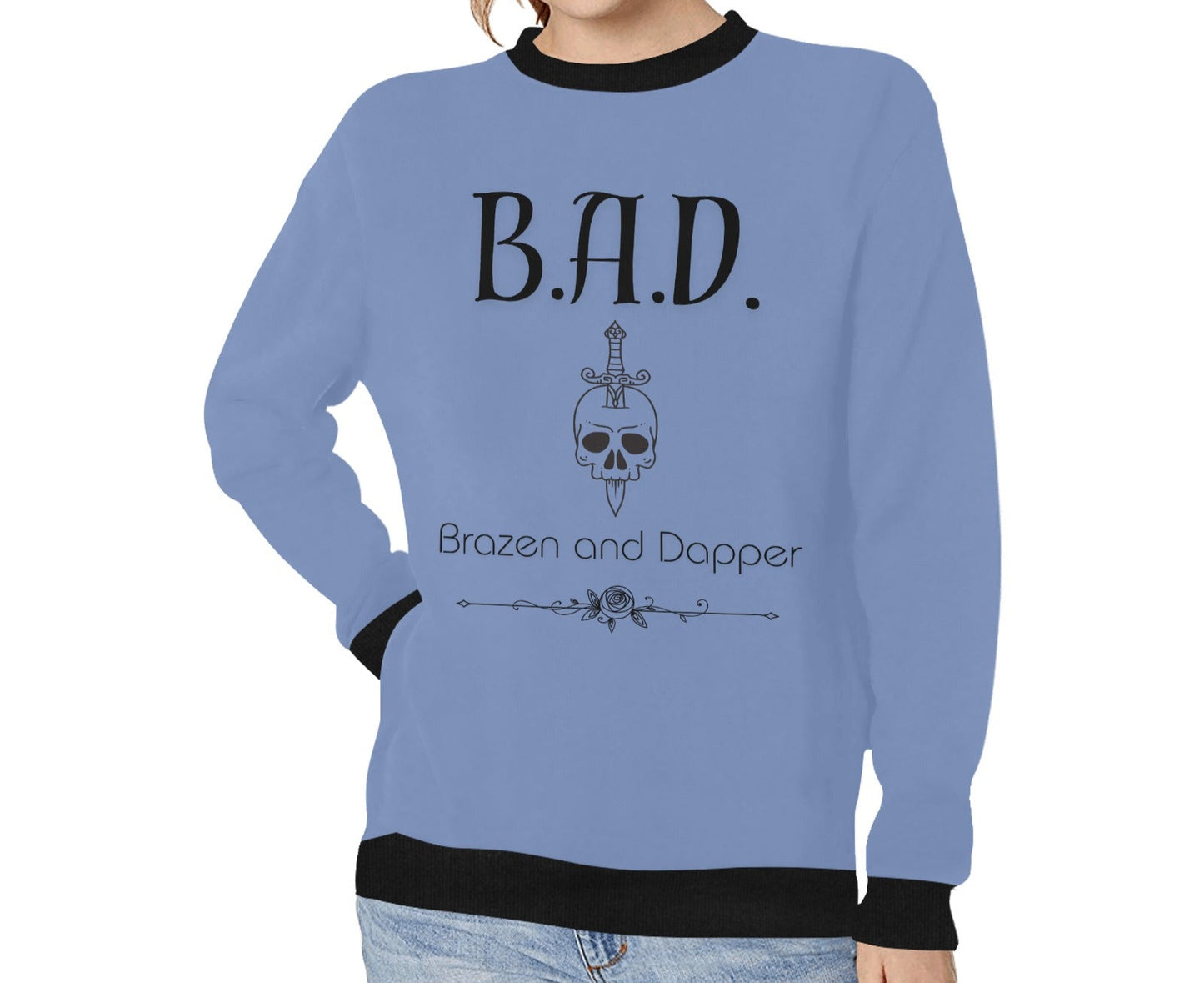 Women's B.A.D Brazen And Dapper Print Ribbed Hem Cuff Sweater