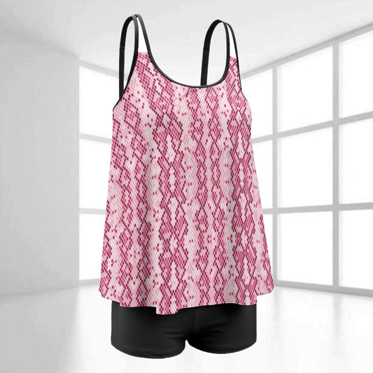 TABOO TIDE Plus Size Women's Snakeskin Print Long Top And Shorts Two Piece Swimwear