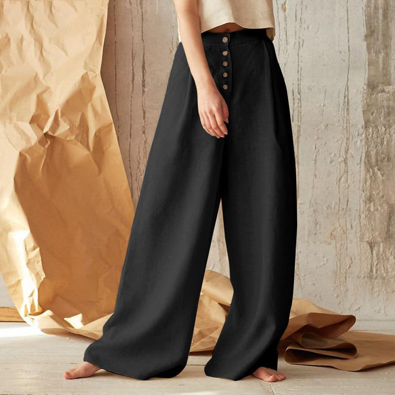 Women's Wide Leg Cotton Linen Baggy Trousers Loose Fitted with Pockets