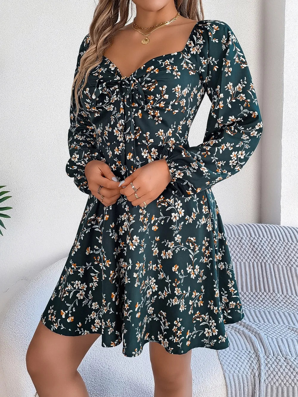 Women's Floral Print Sweetheart Neck Long Sleeve Mini Dress