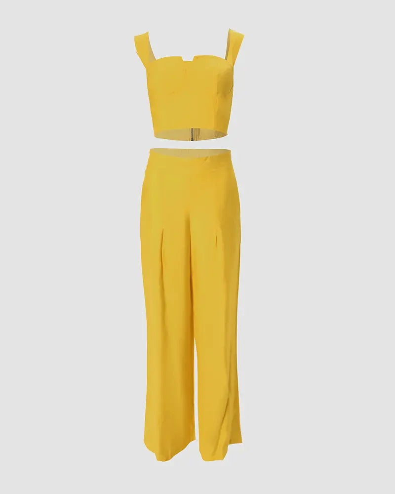 Women's Yellow Top & Trousers Two Piece Set Co-ords Fitted Crop Tank Wide Leg Pockets Bottoms Elegant Fashion