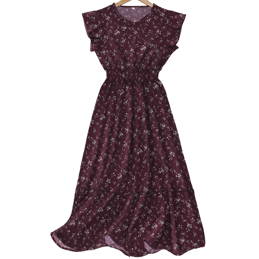 Women's Wine Floral Short Sleeve Elastic Waist Dress
