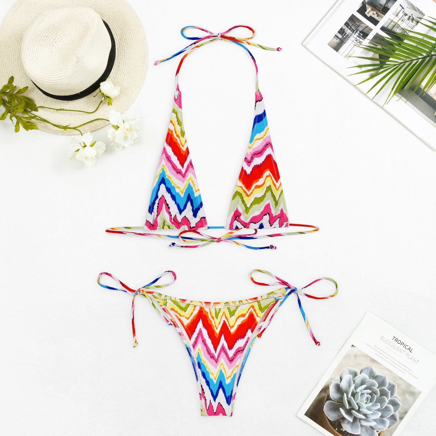 Women's Zig Zag Print Triangle Strappy Tie Bikini