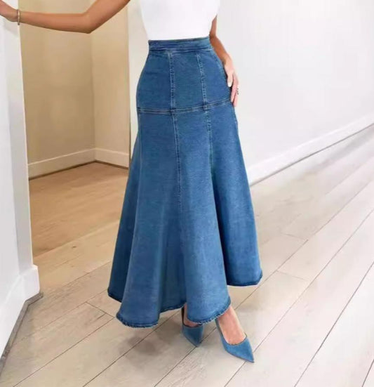 Women's Denim Maxi Flare Swing Skirt Patchwork Fitted Waist