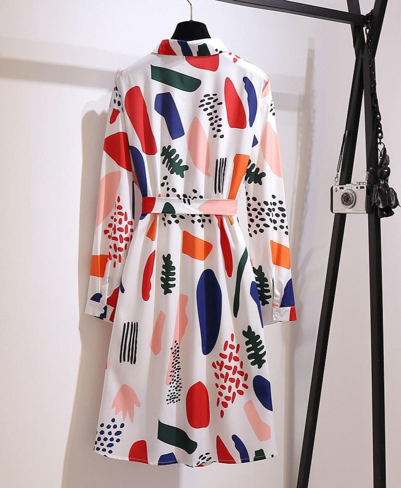 Women's Plus Size Graphic Print Midi Shirt Dress Long Sleeve Belt Tie Waist Button Front
