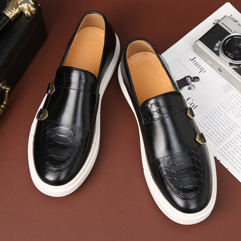 Men's Faux Leather Loafer Buckle Detail Contrast Sole Slip On Shoes
