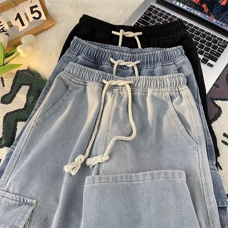 Women's Denim Combat Style Wide Leg Jeans with Elastic Drawstring Waist