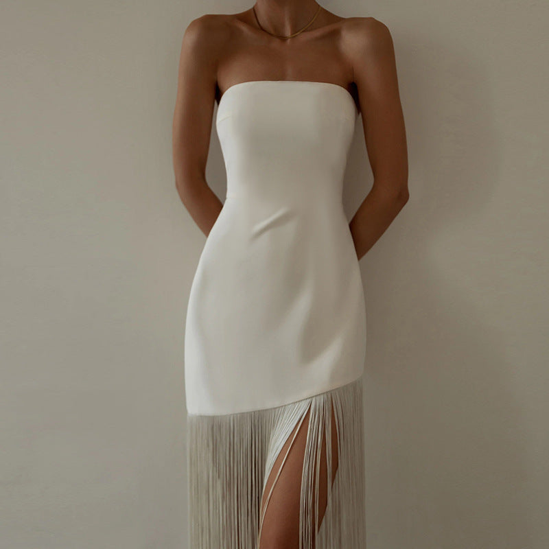 Women's Strapless Bodycon Fitted Dress Fringed Tassel Bottom Edge