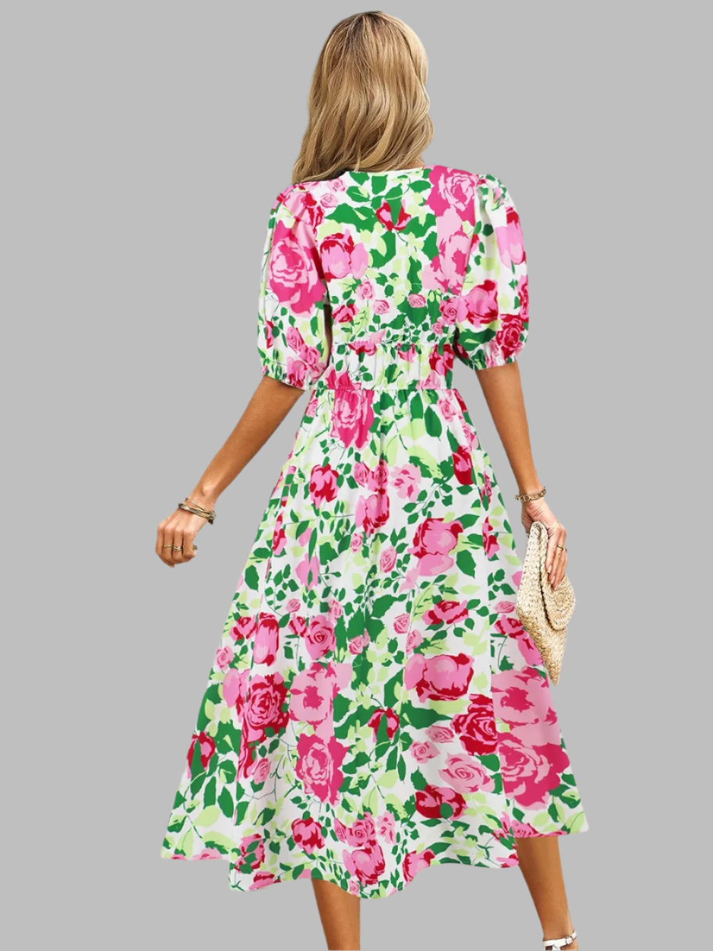 Women's Ruched Floral Print Flare Midi Dress