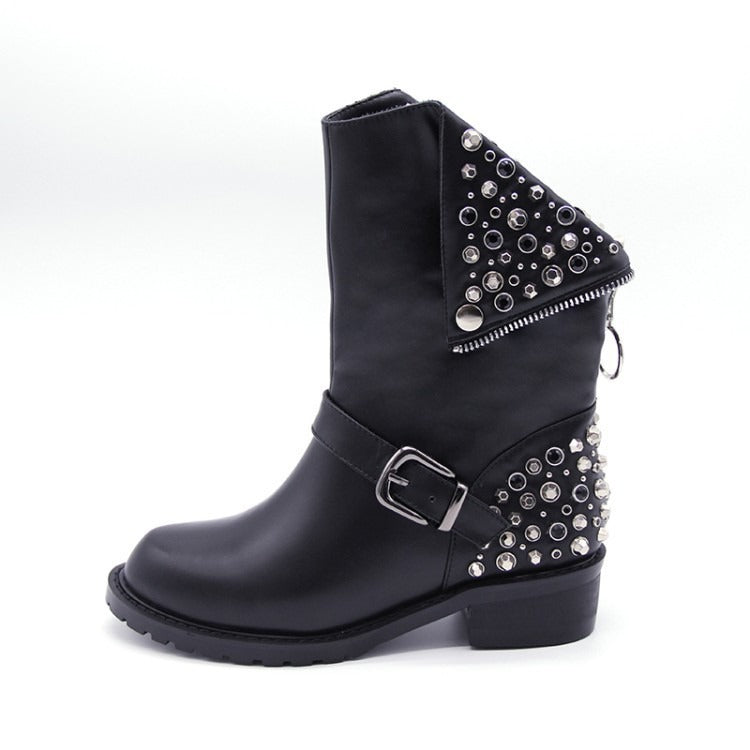 Women's Faux Leather Stud Rivet Detail Punk Calf Boots