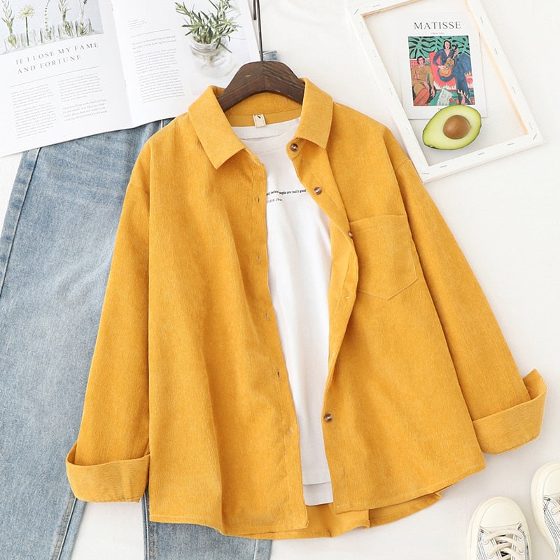 Women's Corduroy Shirt Long Sleeve Button Front Loose Fit Pocket Blouse