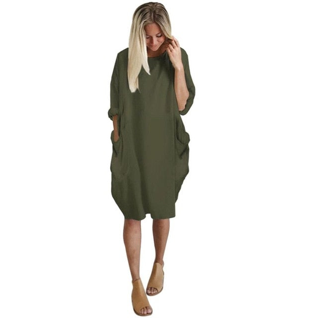 Women's Loose Fitting Dress Round Neck Knee Length with Pockets