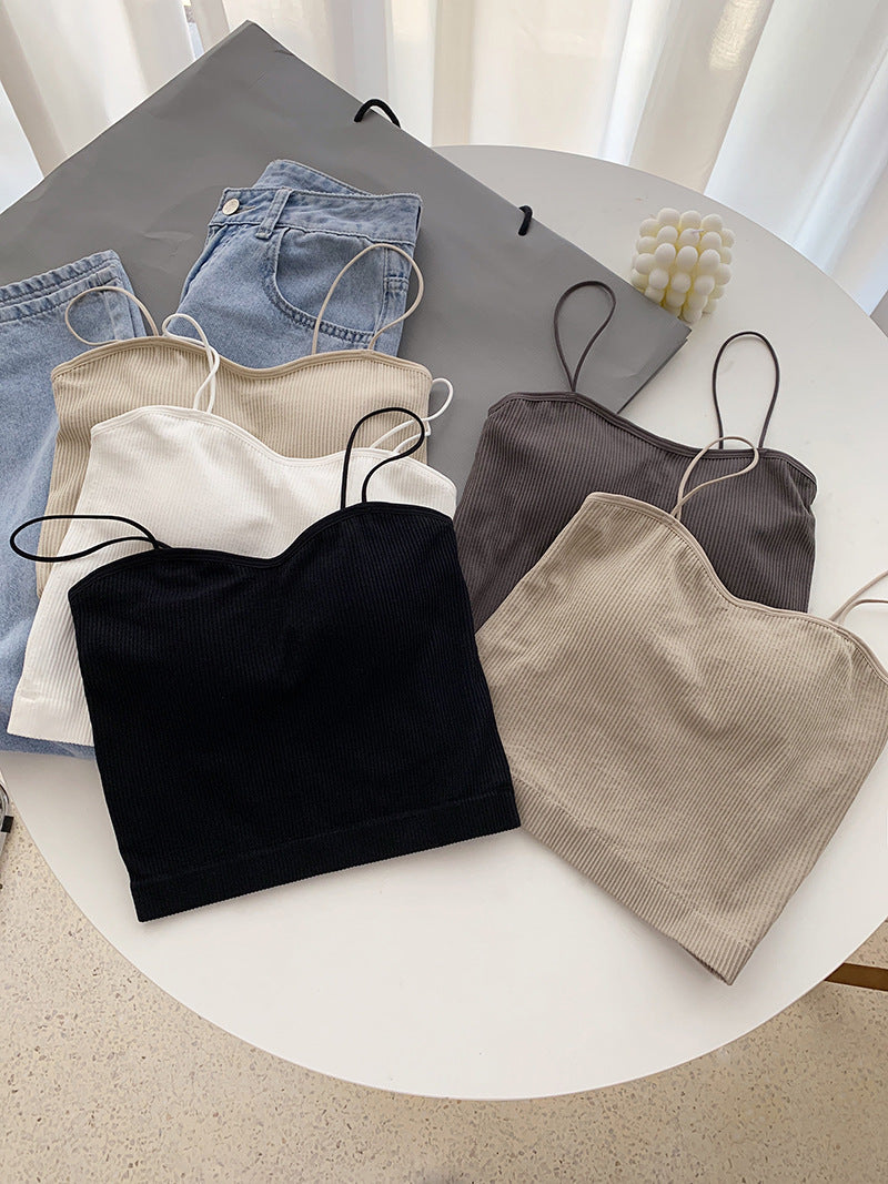 Women's Solid Basic Camisole Crop Top Ribbed Padded Spaghetti Straps