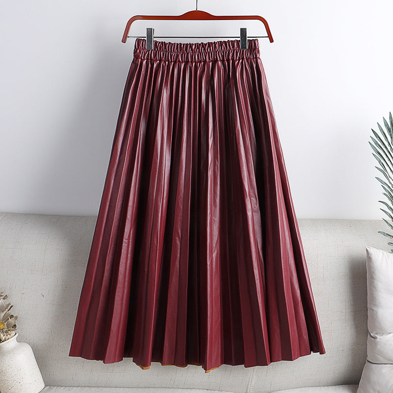 Women's PU Leather Pleated Midi Skirt