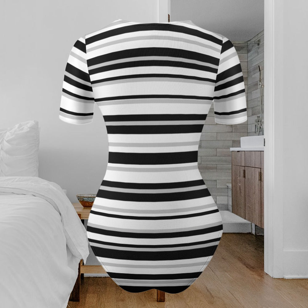 Women's Striped Print Round Neck Short Sleeve Bodysuit Comfortable Casual Fashion Top