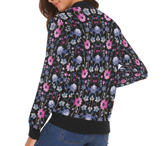 Women's Pink Black Floral Print Bomber Jacket