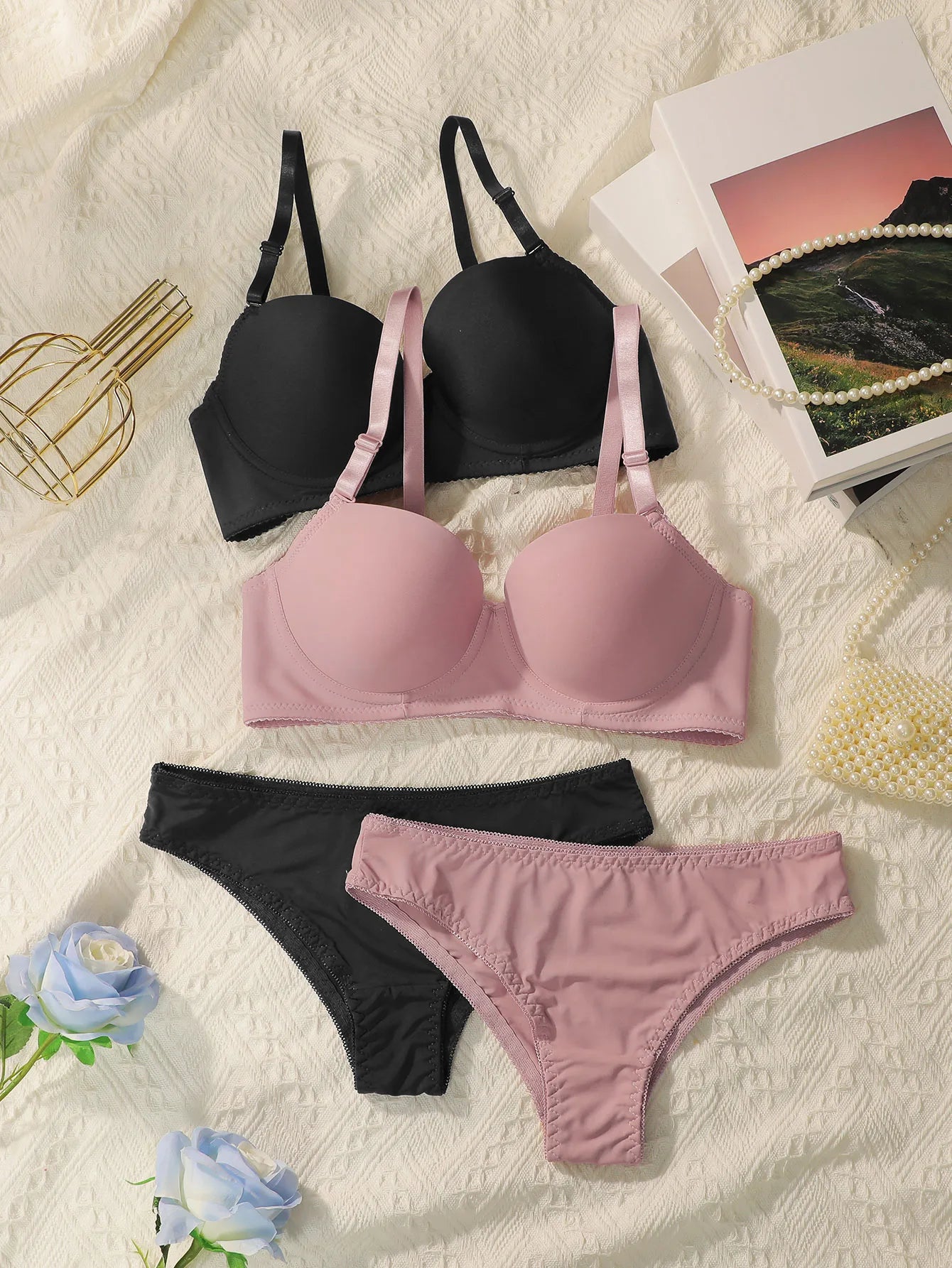 Women's Solid Basic Underwired Bra and Pants Set of 2