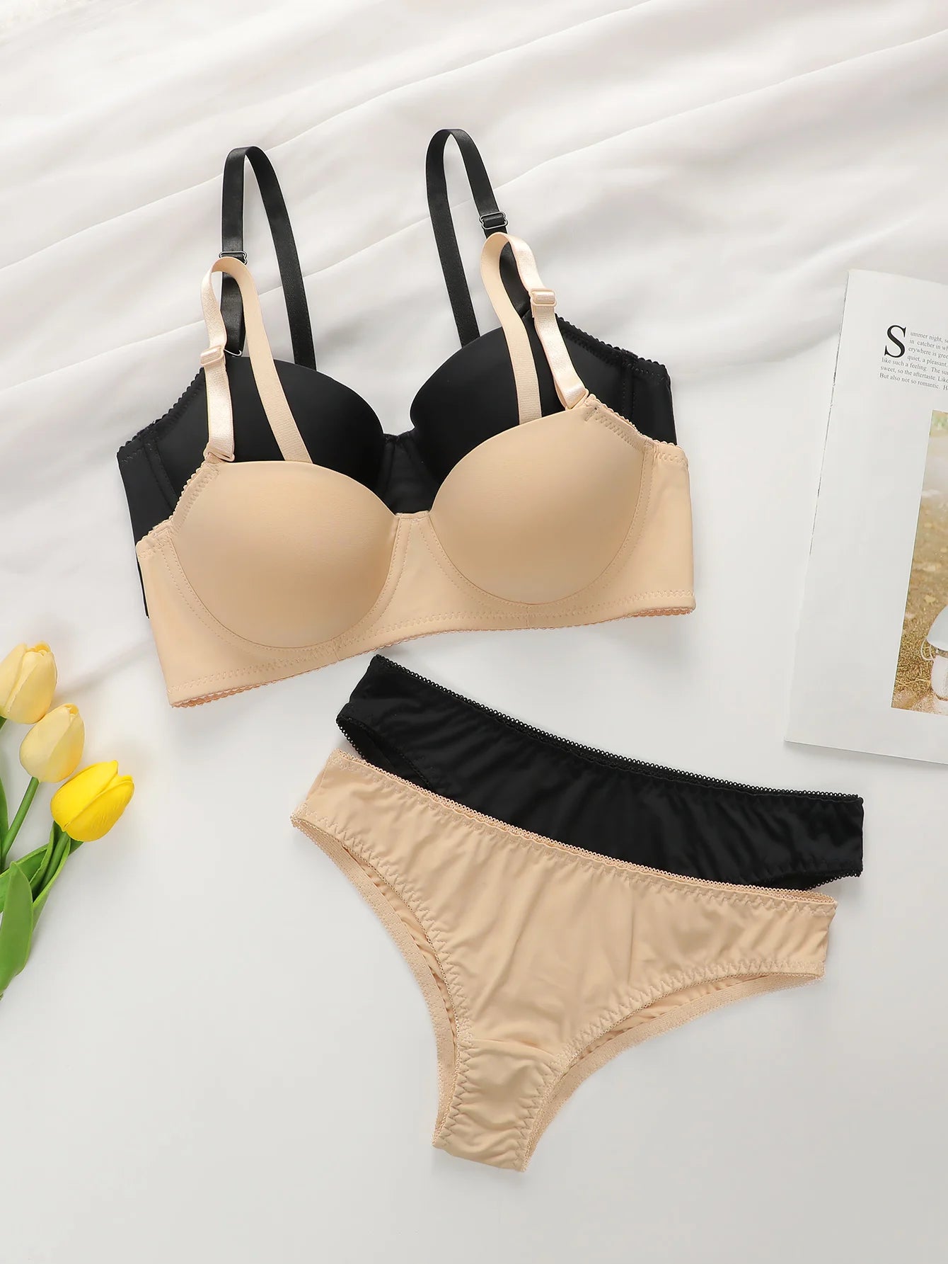 Women's Solid Basic Underwired Bra and Pants Set of 2