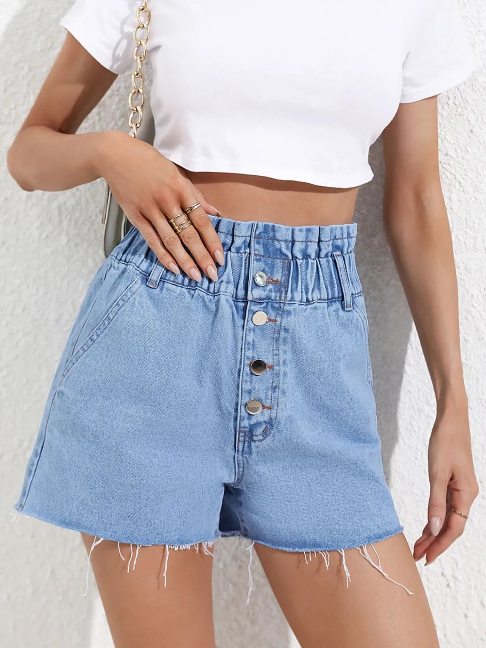 Women's High Waisted Frayed Hem Paper Bag Denim Shorts