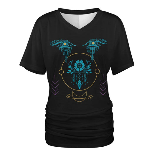 Women's Tribal Eyes V-neck Ruched Waist T-shirt Top