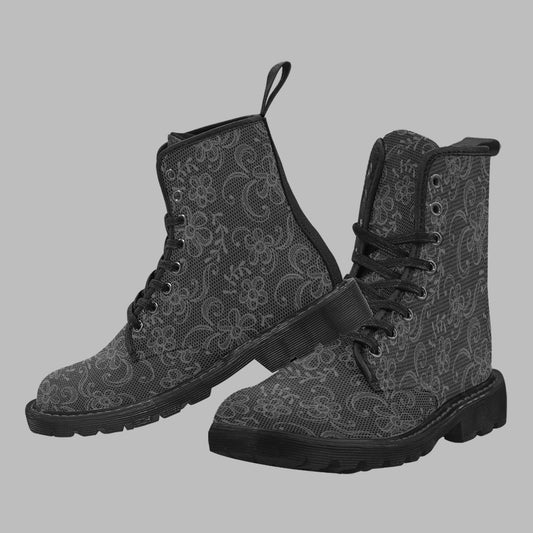 Women's Black Lace Print Lace Up Canvas Doc Style Boots