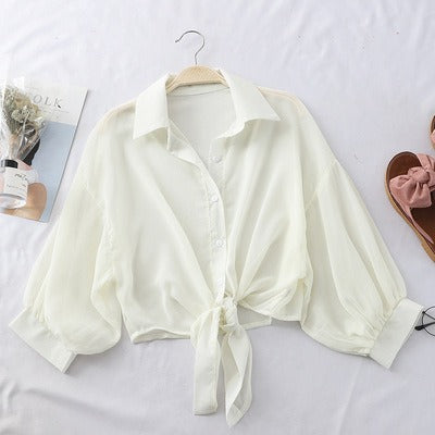 Women's Loose Sheer Blouse Tie Bottom Puff Sleeves Button Front Short Shirt