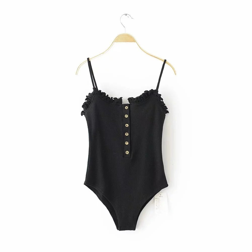 Women's Cotton Frilled Edge Button Detail Front Spaghetti Strap Bodysuit