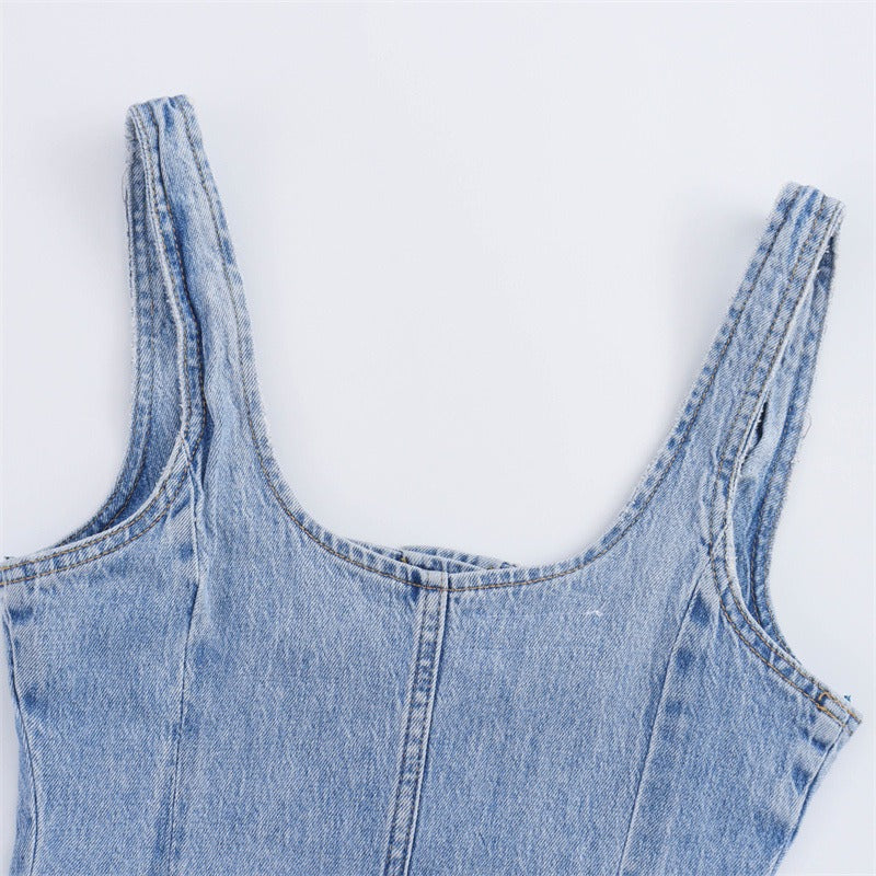 Women's Denim Fitted Dress Sleeveless Scoop Neck Button Front Midi Length