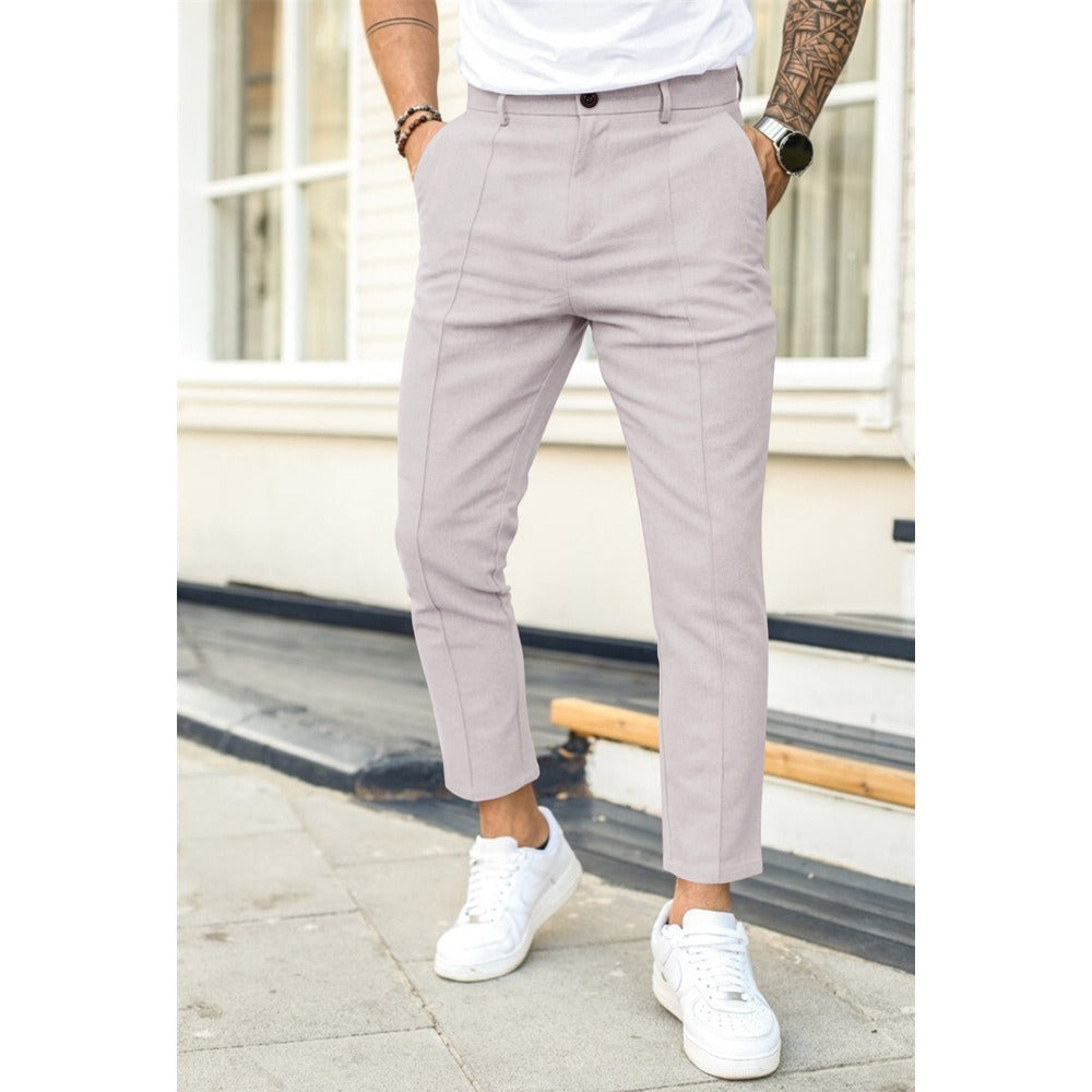 Men's Solid Colour Double Line Seamed Narrow Front Pockets Smart Casual Trousers