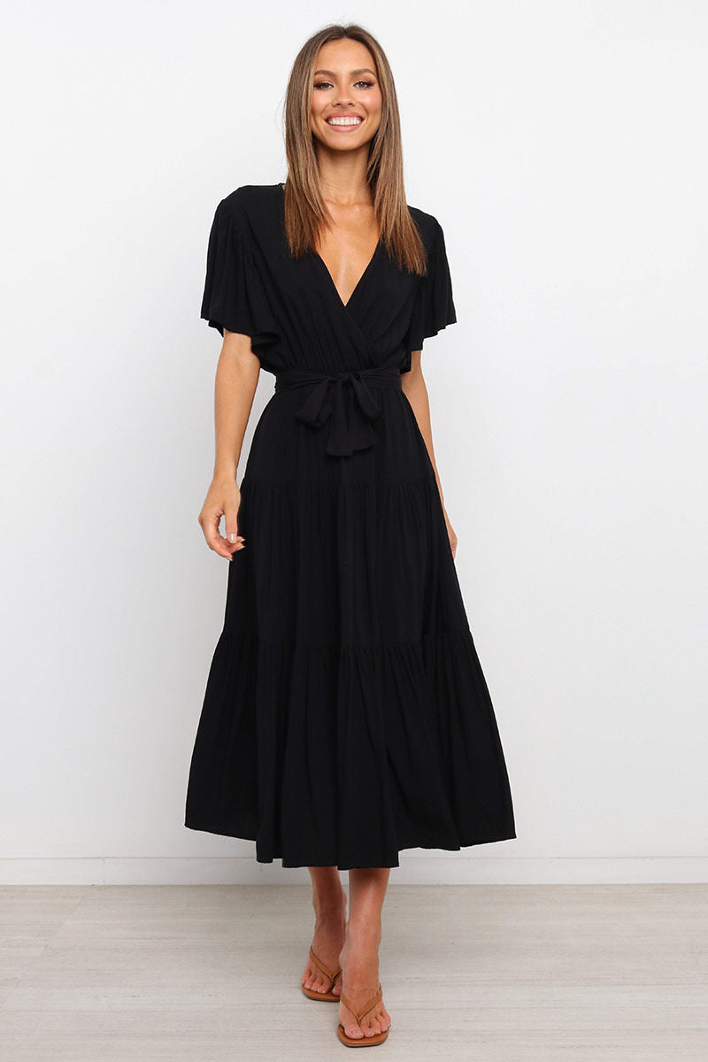 Women's Bohemian Solid Colour V-neck Tie Belt Waist Batwing Short Sleeve Dress