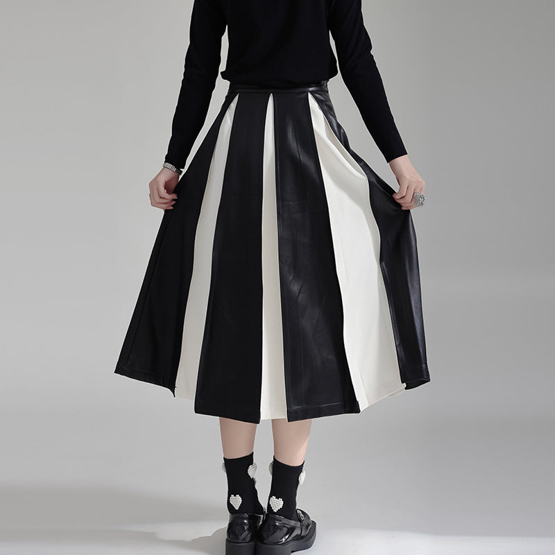 Women's PU Leather Black and White Patchwork Pleated Fitted Waist Ankle Length A-Line Skirt