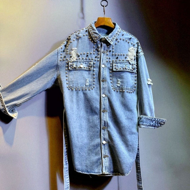 Women's Denim Ripped Stud Detail Tie Waist Shirt