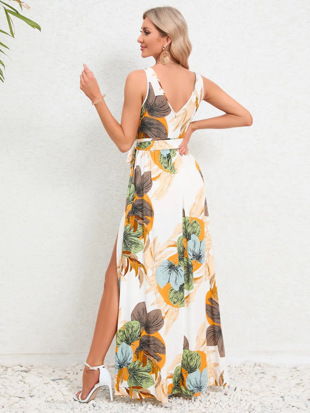 Women's Floral Print V Neck Tie Waist Split Leg Maxi Dress
