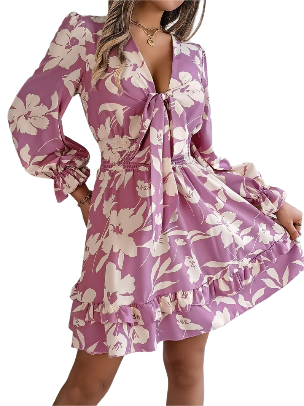Women's Printed V Neck Tied Ruffled Long Sleeve Dress